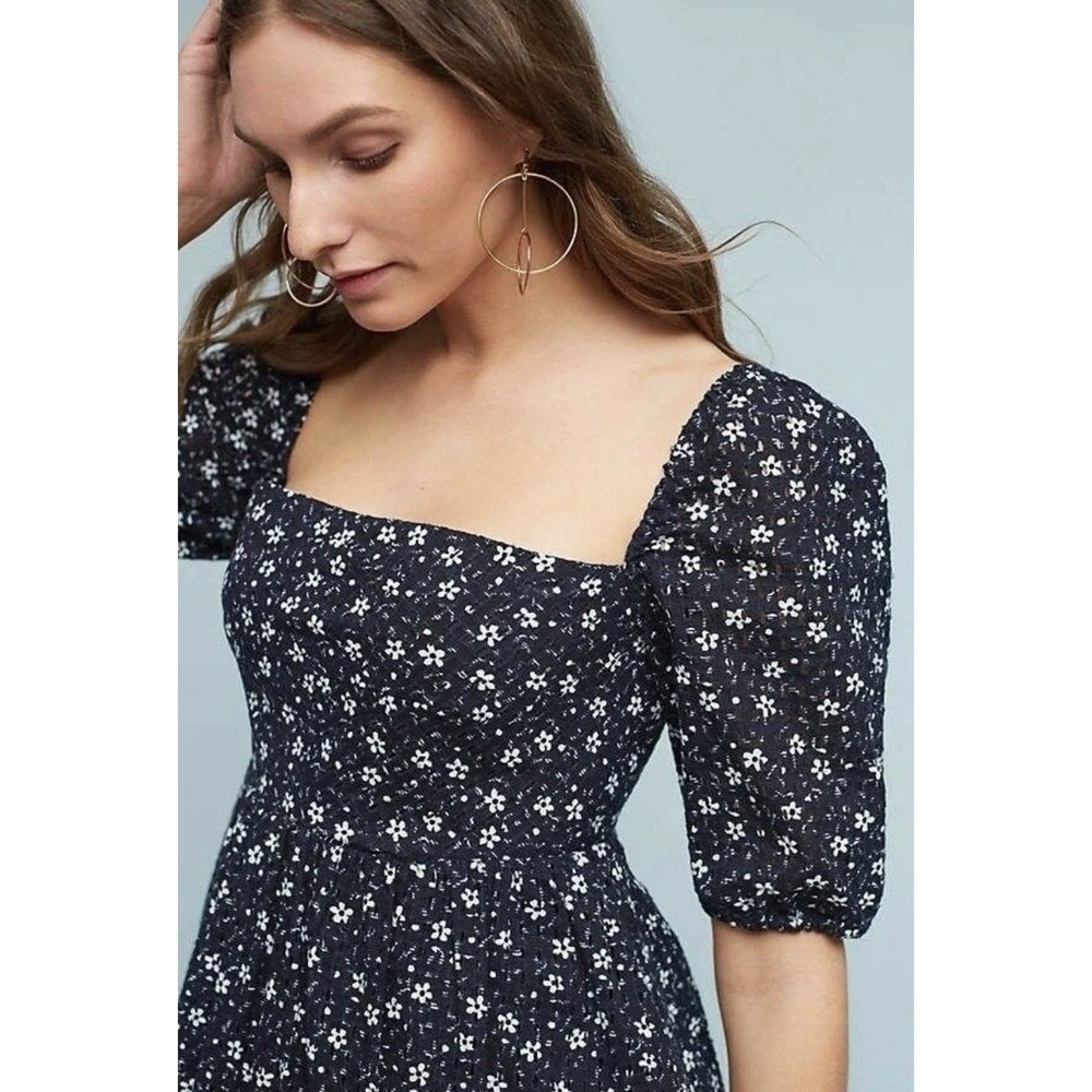 Anthropologie Maeve Lillianne Mini Dress Size 6 Floral Puff Sleeve Navy Eyelet